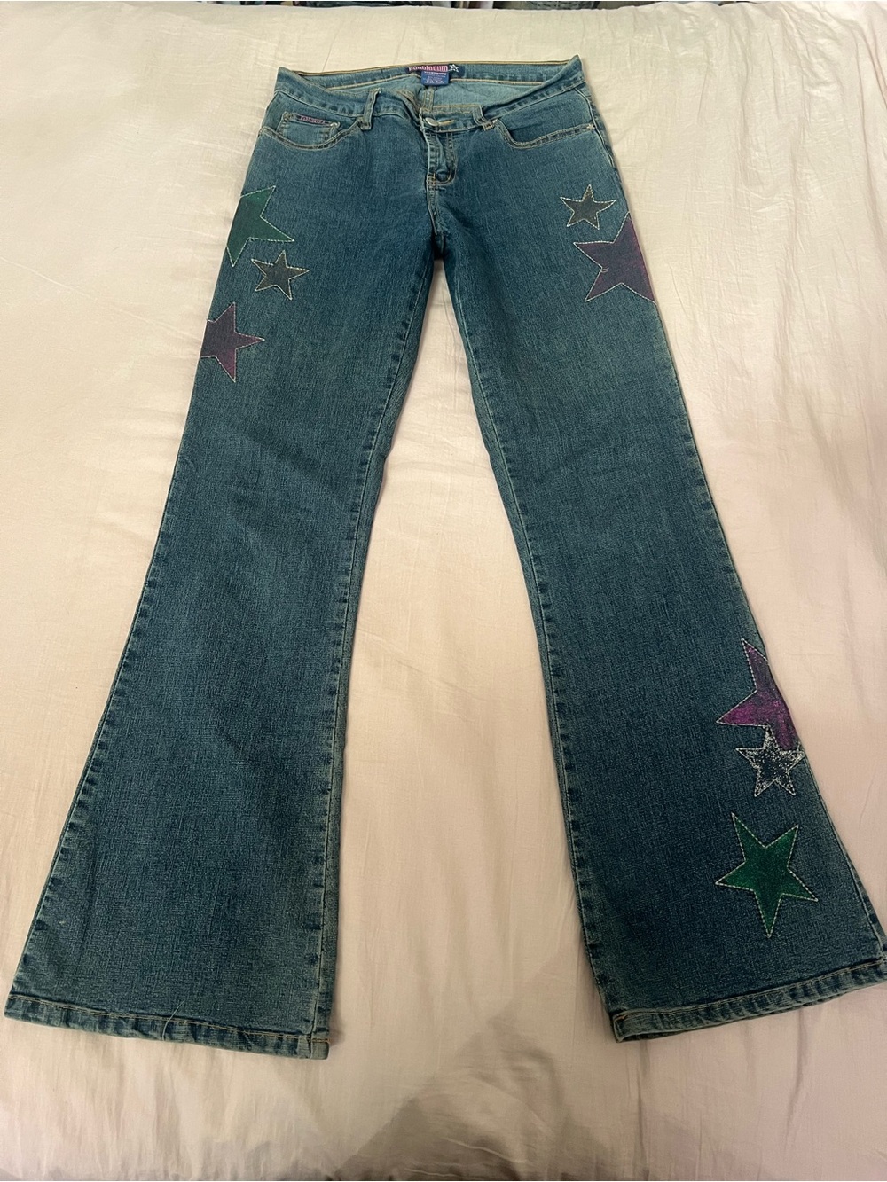 Y2K Bubblegum Blue Denim Flare Jeans with Multicolor Star Appliqués